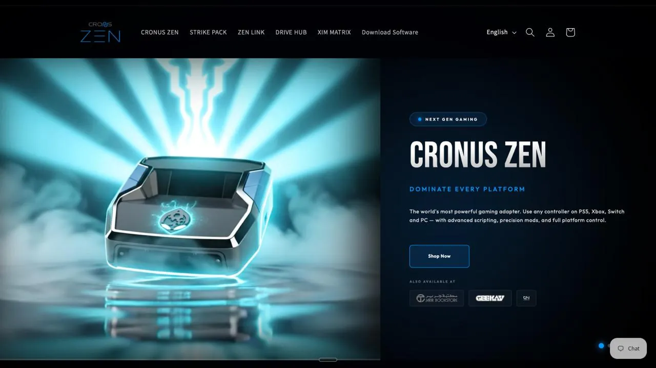 CronusZen homepage in English — dark hero with a 3D-rendered gaming adapter on the left, product headline and Shop Now call to action on the right, language switcher in the header